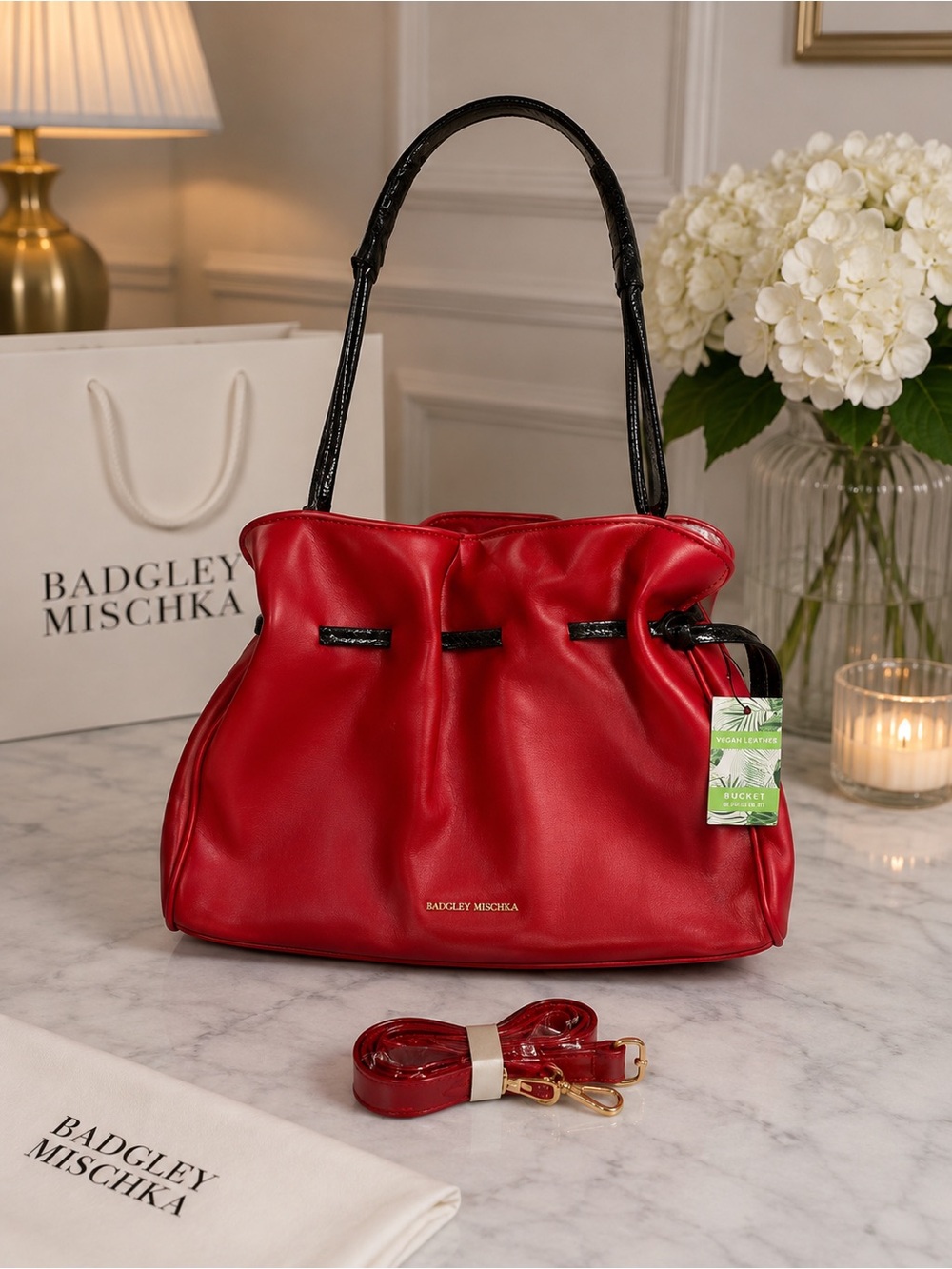❤️ NWT Badgley Mischka Chili Red Snake-Pattern Handle Drawstring Bucket Shoulder